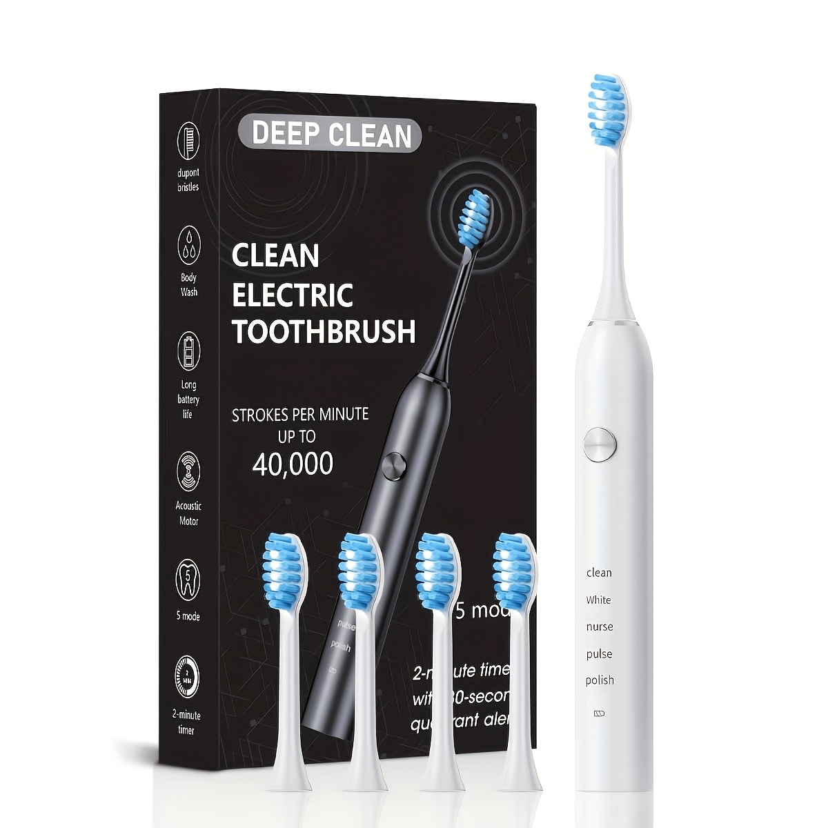 Electric Toothbrush with Five Modes, 40, 000 Vibrations per Minute, Type-C Charging and Four or Eight Heads
