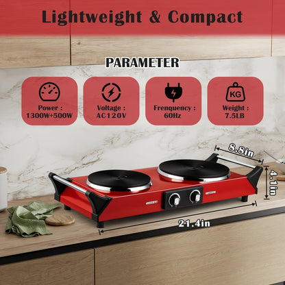 Hot Plate Electric Burner with Temperature Control, Dual Size Coil Burners 7.4in & 6.1in, Countertop Electric Stove for Daily Cooking