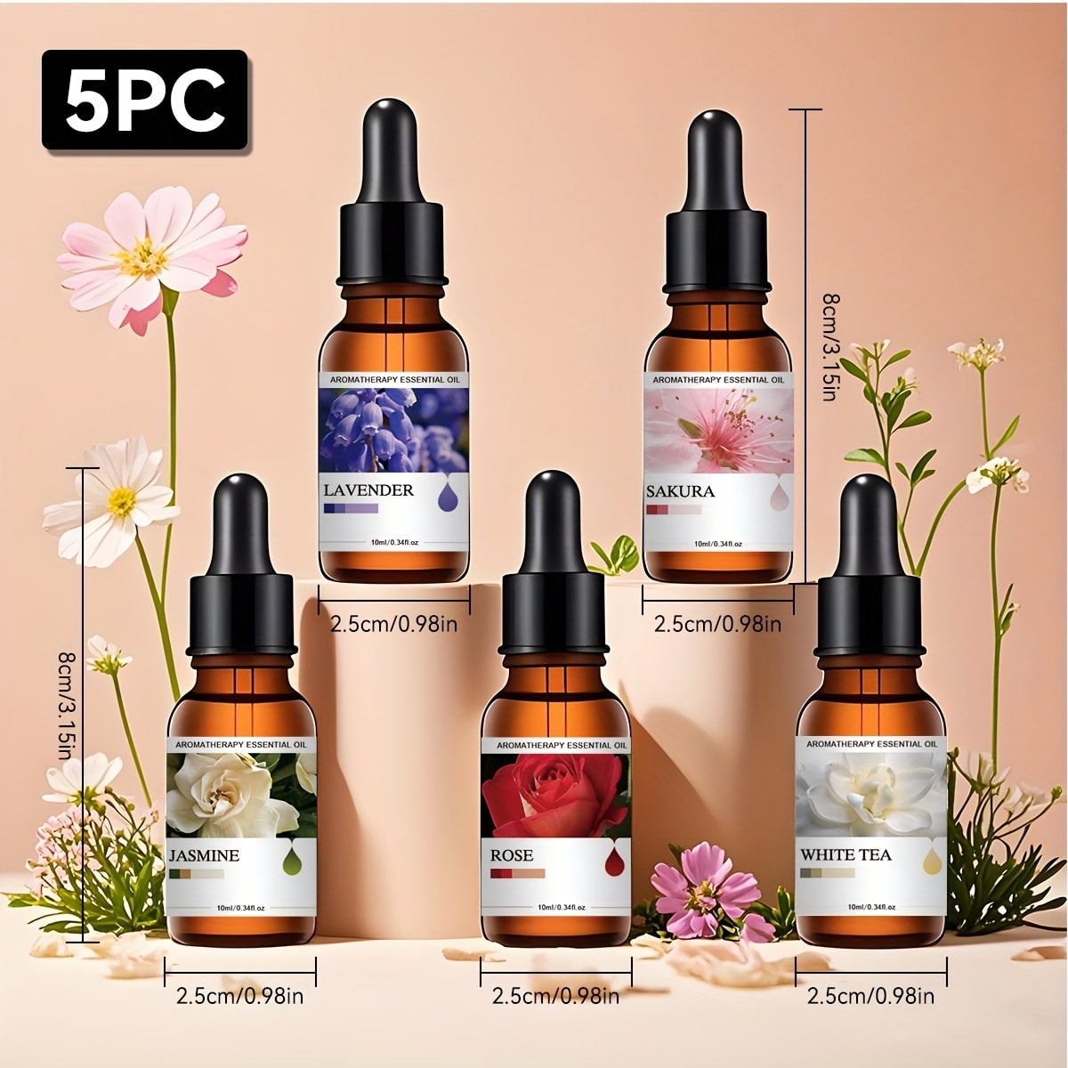 Five-Bottle Essential Oil Gift Set with Three Floral, Botanical or Citrus Scent Assortments