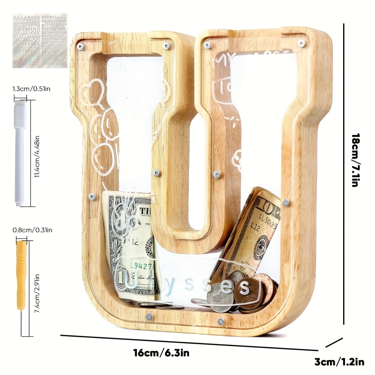 Alphabet Wooden Money Bank for Adults A to Z Letter Piggy Bank – Personalized Coin Bank Home Decor Craft Art Decoration