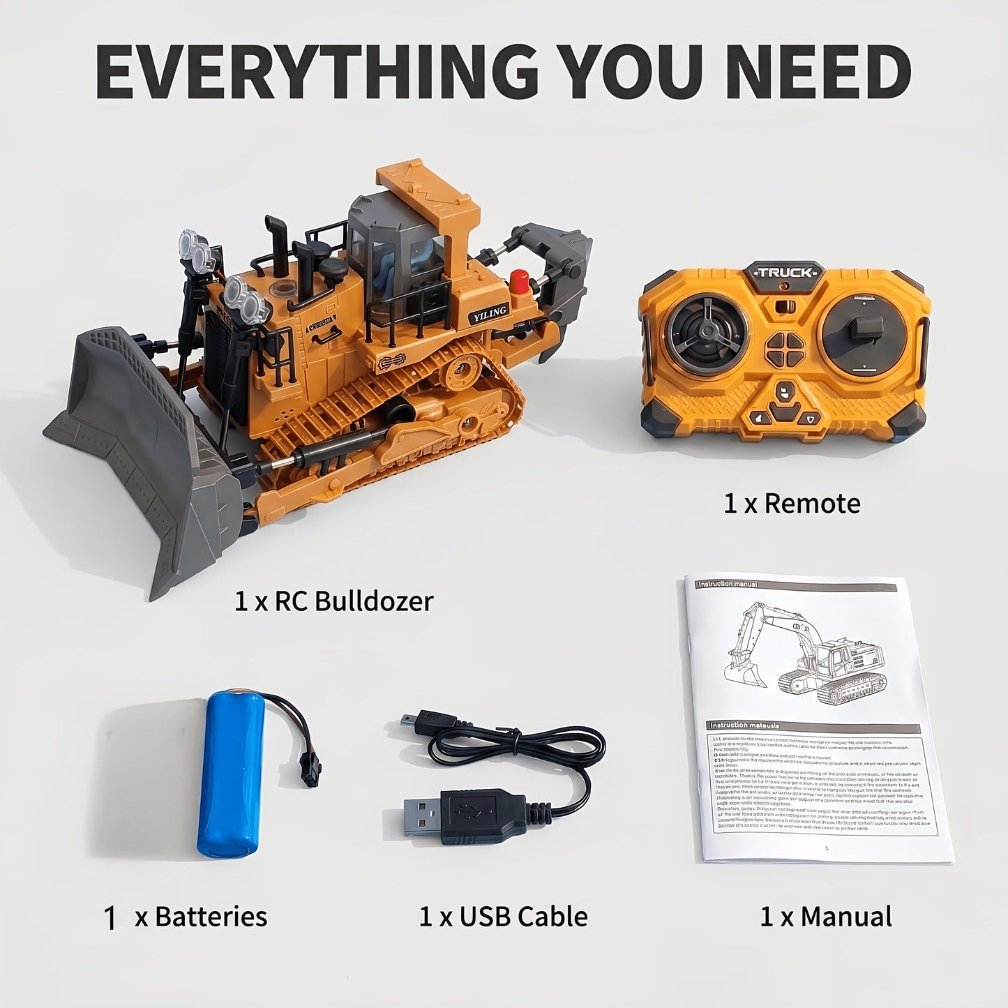 RC Bulldozer 1:24 Scale Alloy with 680° Rotation & Working Arm, 2.4GHz Remote Control Construction Vehicle for Kids