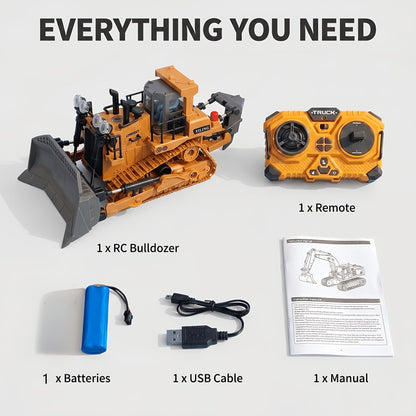 RC Bulldozer 1:24 Scale Alloy with 680° Rotation & Working Arm, 2.4GHz Remote Control Construction Vehicle for Kids