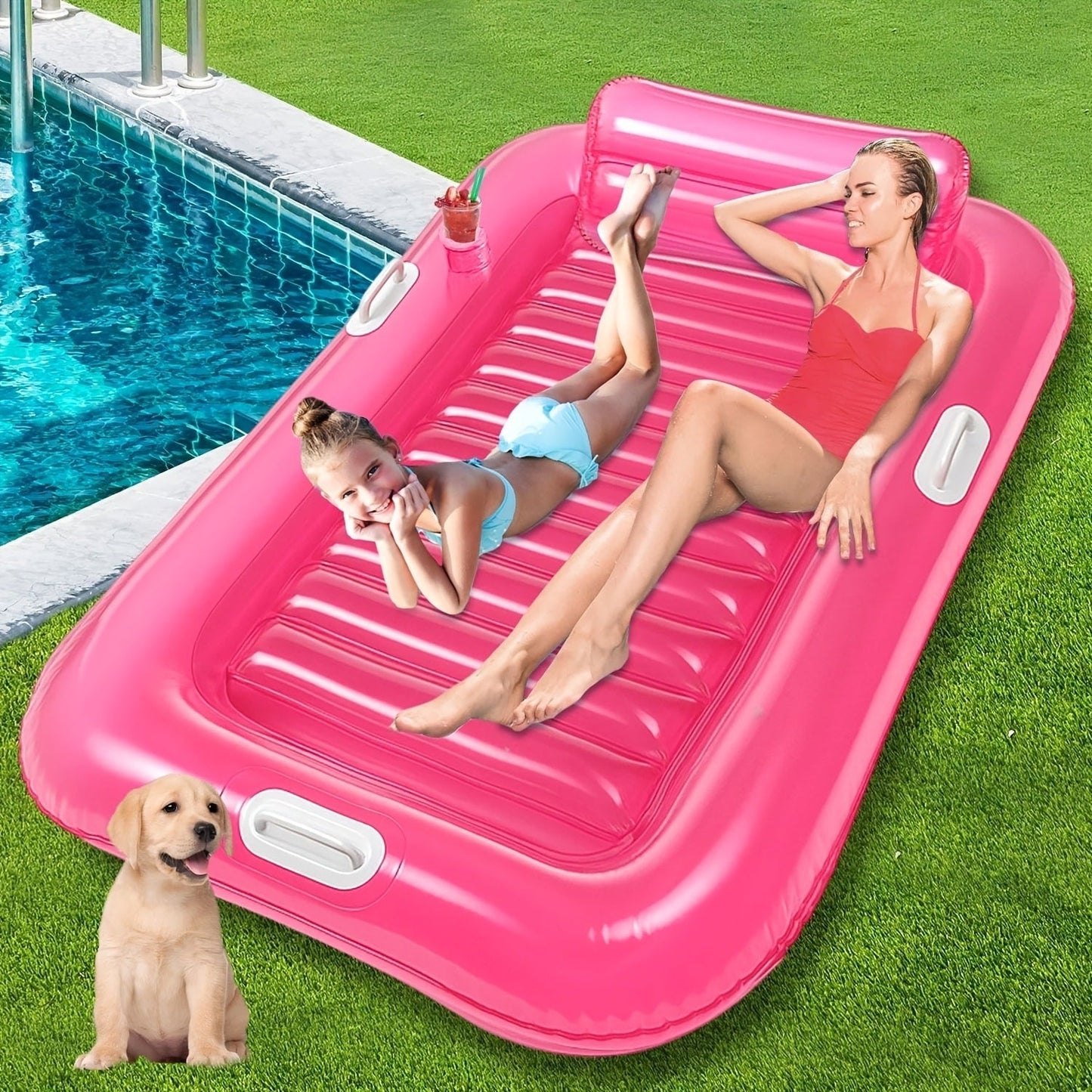 Inflatable Pool Lounger Sunbed for Adults 84"x47", 2-in-1 Tanning Float with Cup Holders, Removable Headrest & Handles