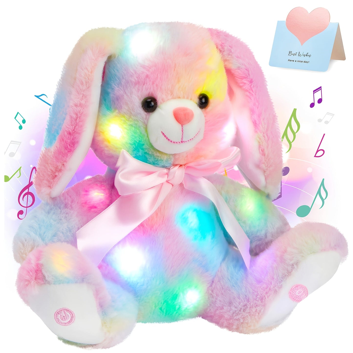 Musical Glowing Bunny Plush Toy 10 Inch, Rainbow Lop Ear Rabbit Stuffed Animal with LED Night Light & Lullaby Music for Toddlers Kids