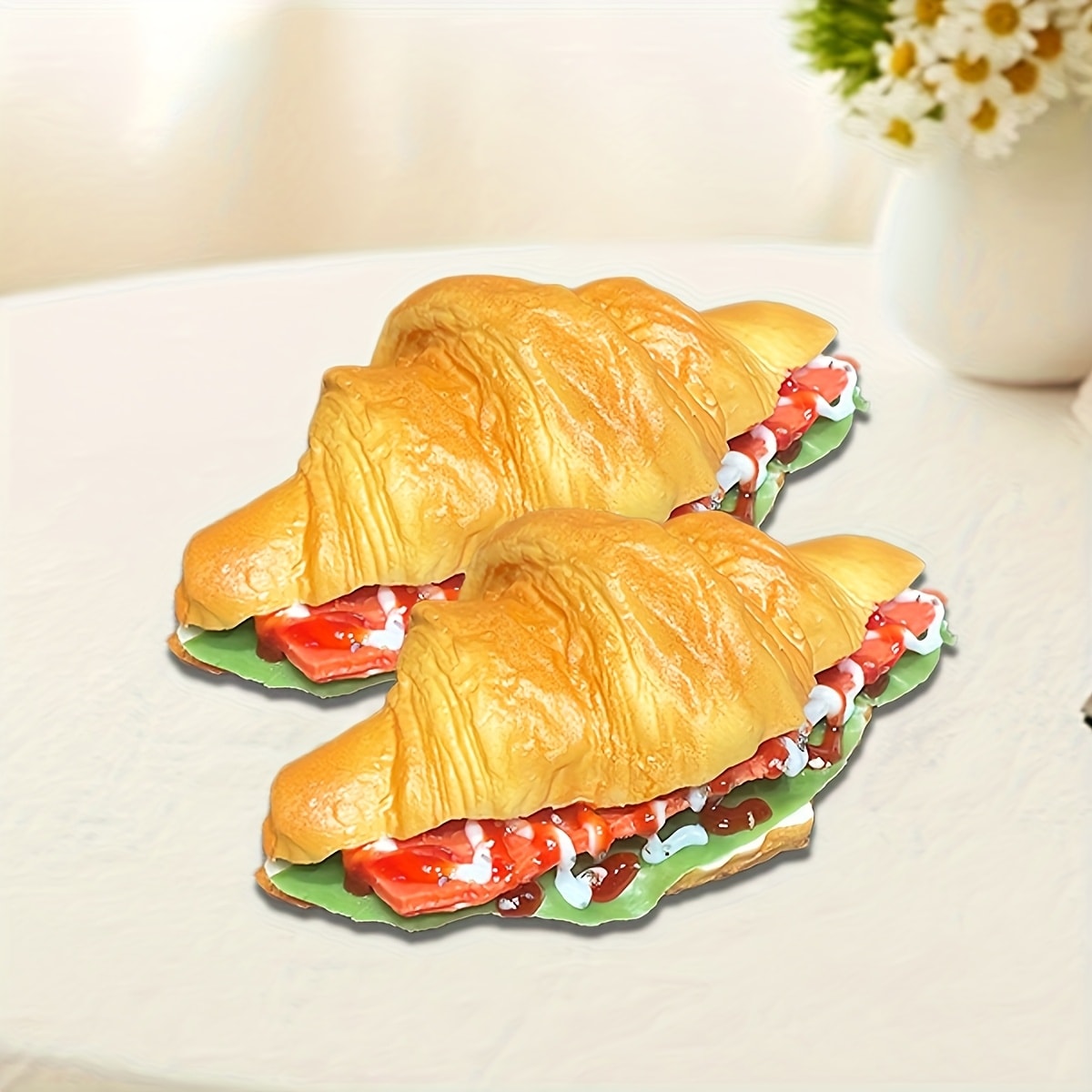 Realistic Fake Food Props 2PCS Simulation Bacon Croissant Bread, Lifelike TPU Play Food for Kids Kitchen Toy