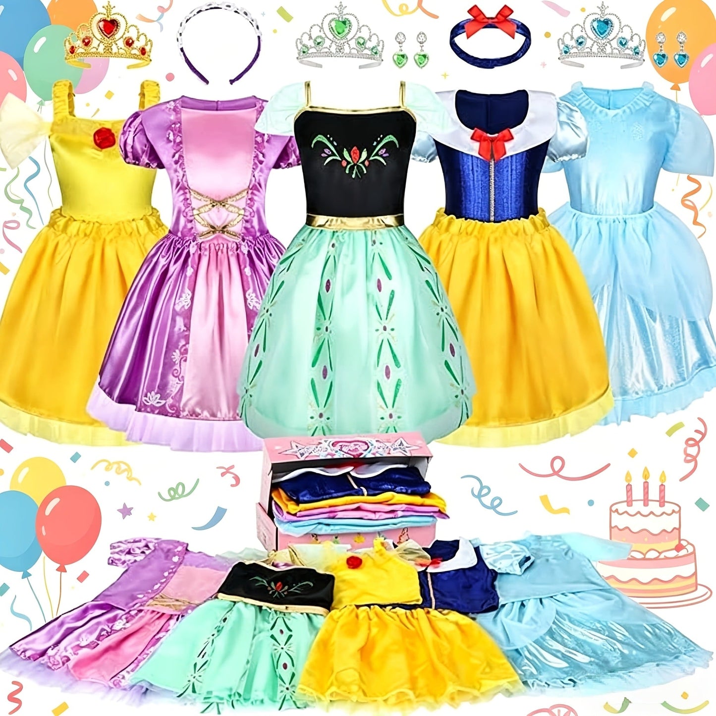 Girls Princess Dress Up Costume Set 14pcs, 5 Role Play Outfits with Crowns, Earrings & Storage Box