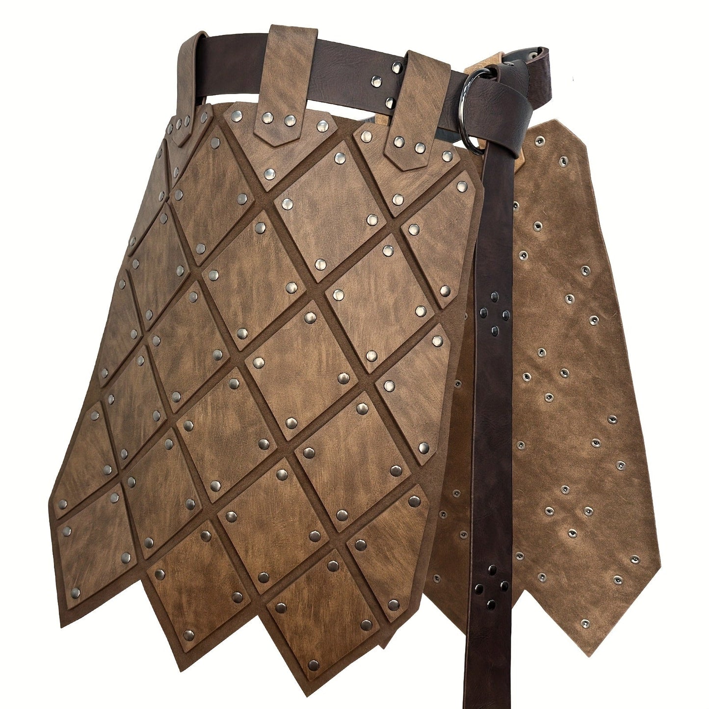 Medieval Armor Skirt Faux Leather with Geometric Plates & Metal Studs, Viking BC Style Retro Cosplay Costume for Halloween