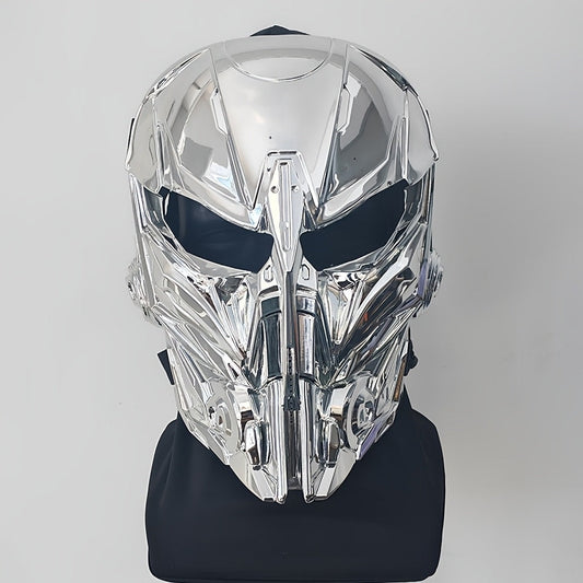 Silver-Plated Mechanical Costume Mask with Full-Face Sci-Fi Design and Sculpted Black Interior