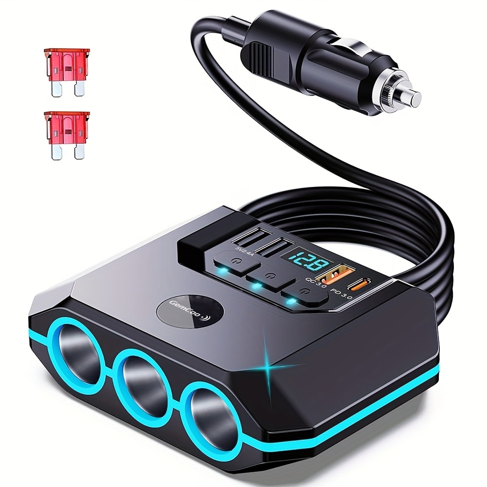 Car Cigarette Lighter Splitter 3-Socket 120W Power Outlet Adapter | QC3.0 + PD USB Ports | 12V/24V Voltage Monitor Independent Switch Car