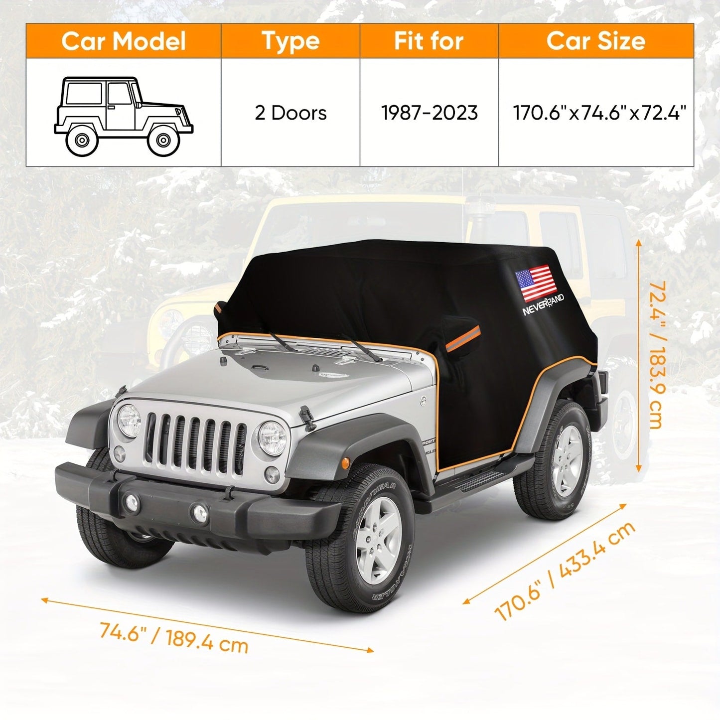 Jeep Wrangler Half Cab Cover in Black 210D Fabric with Reflective Strips, Storage Bag and 2-Door or 4-Door Options