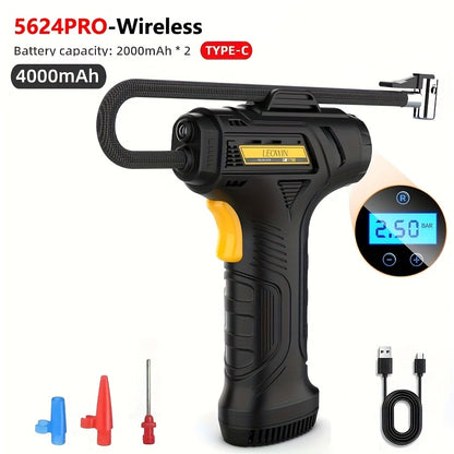 Portable Tire Inflator Air Compressor 150 PSI Cordless with Auto-Shutoff Digital Pressure Gauge LED Light Wireless USB Charging for Car