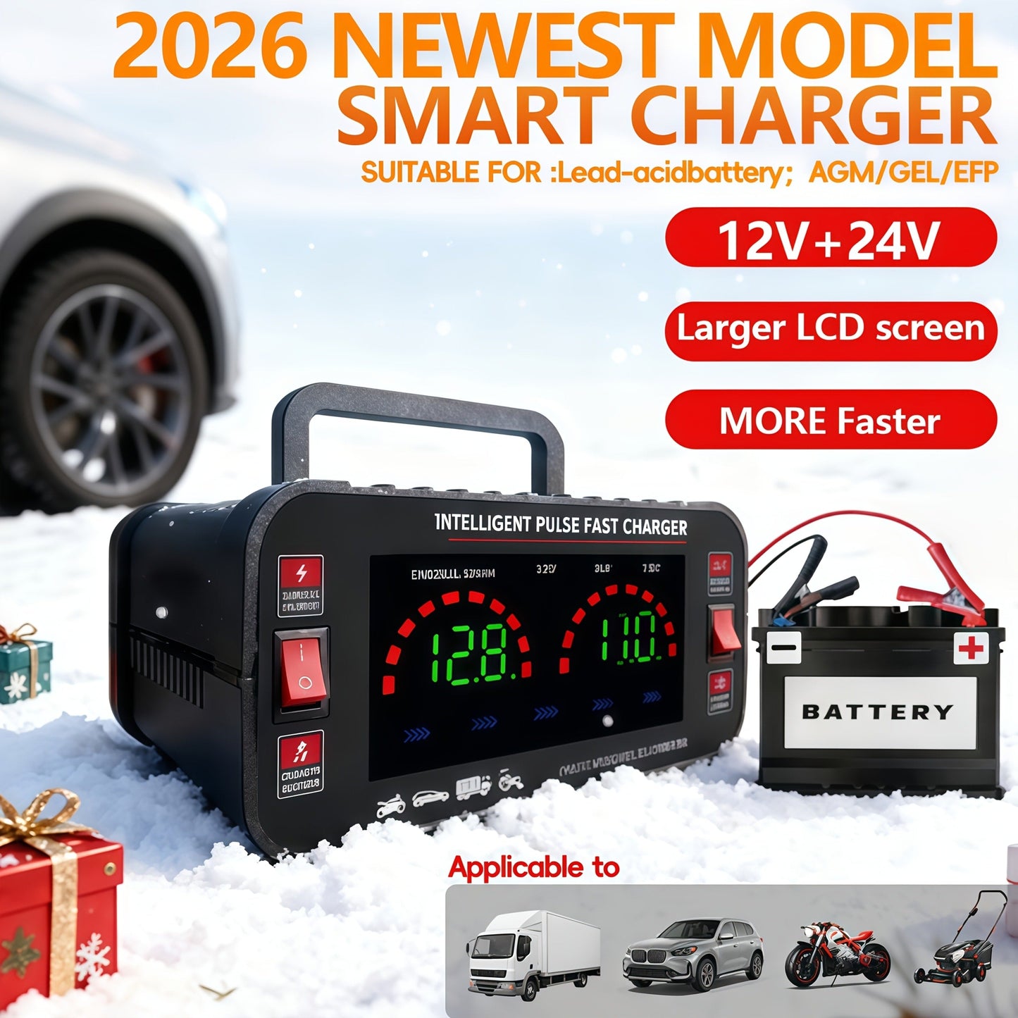Car Battery Charger 12V/24V with LCD Display – Fast Charging Portable Maintainer for Cars, Trucks, RVs & Motorcycles, Overcharge Protection