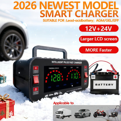 Car Battery Charger 12V/24V with LCD Display – Fast Charging Portable Maintainer for Cars, Trucks, RVs & Motorcycles, Overcharge Protection
