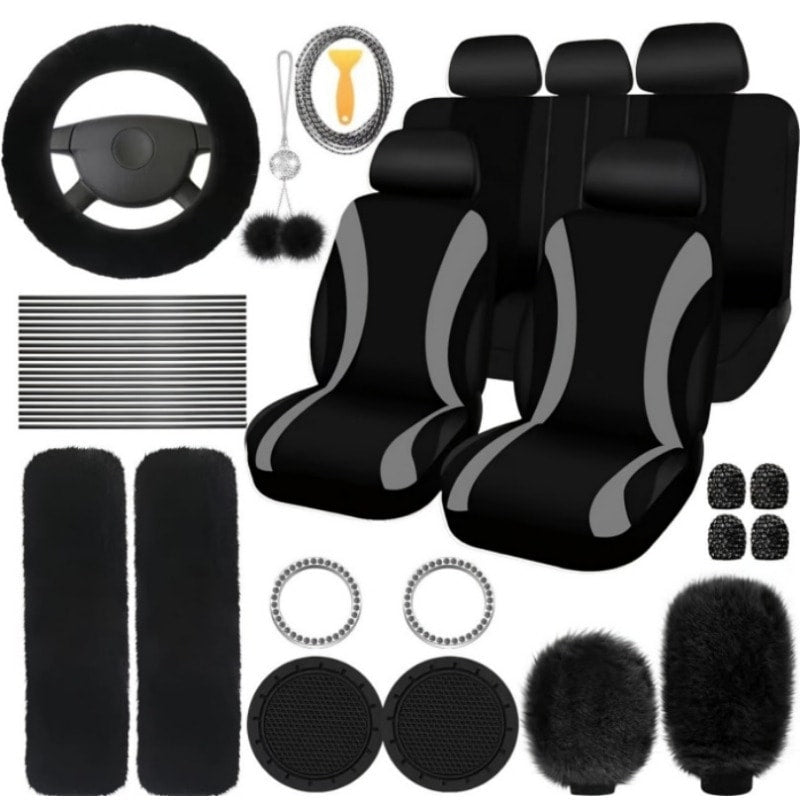 Car Interior Accessories Set for Women 45-Piece – Plush Steering Wheel Cover, Seat Cushion & Pendant, Universal Fit All Seasons