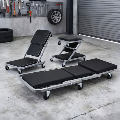 Rolling Mechanic Creeper Stool 300 lb – Foldable Z-Shape 3-in-1 Crawler Seat & Sliding Work Stool with 6 Swivel Casters