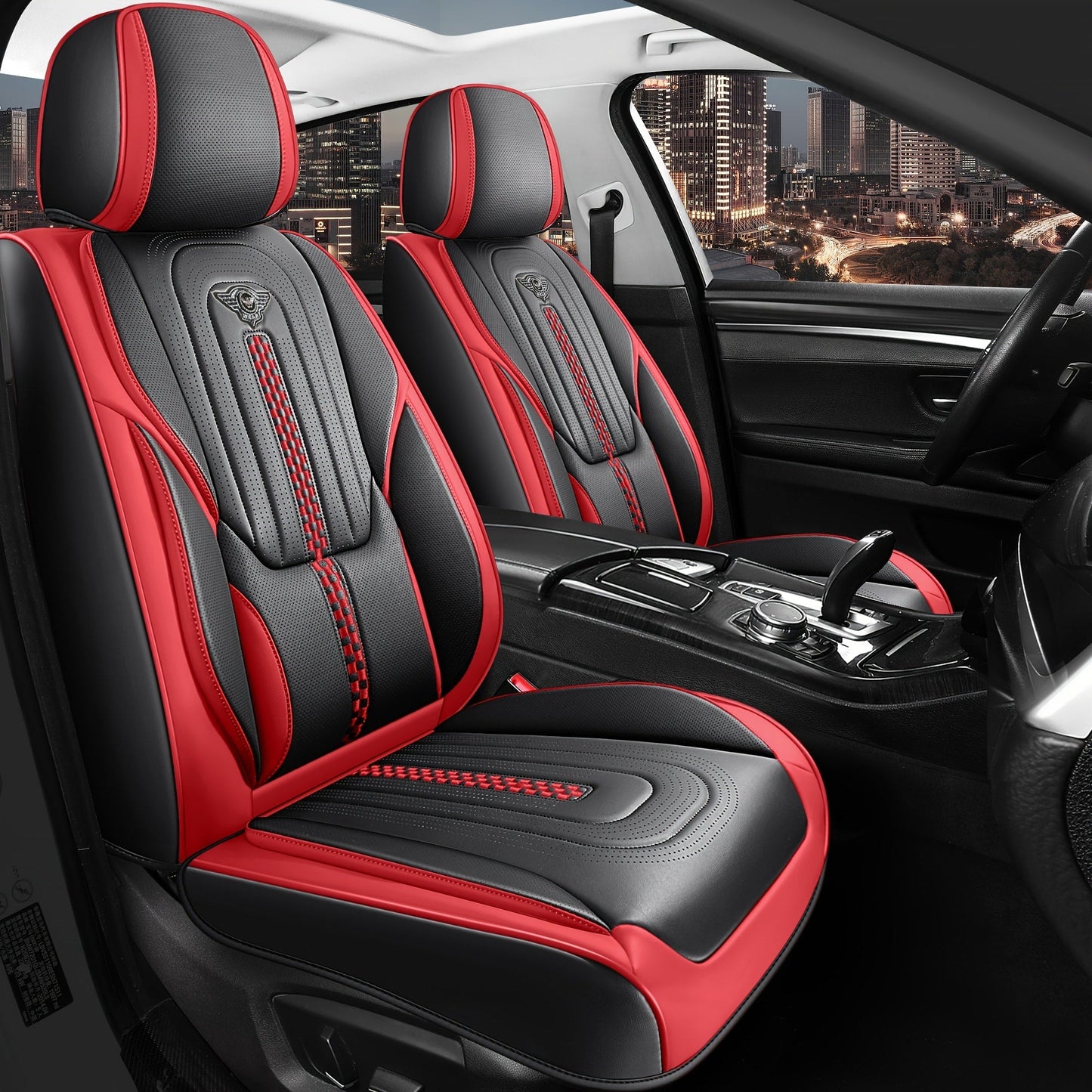 Contoured Front Car Seat Cushion Covers with Headrest Pads in Four Two-Tone Color Option Sets
