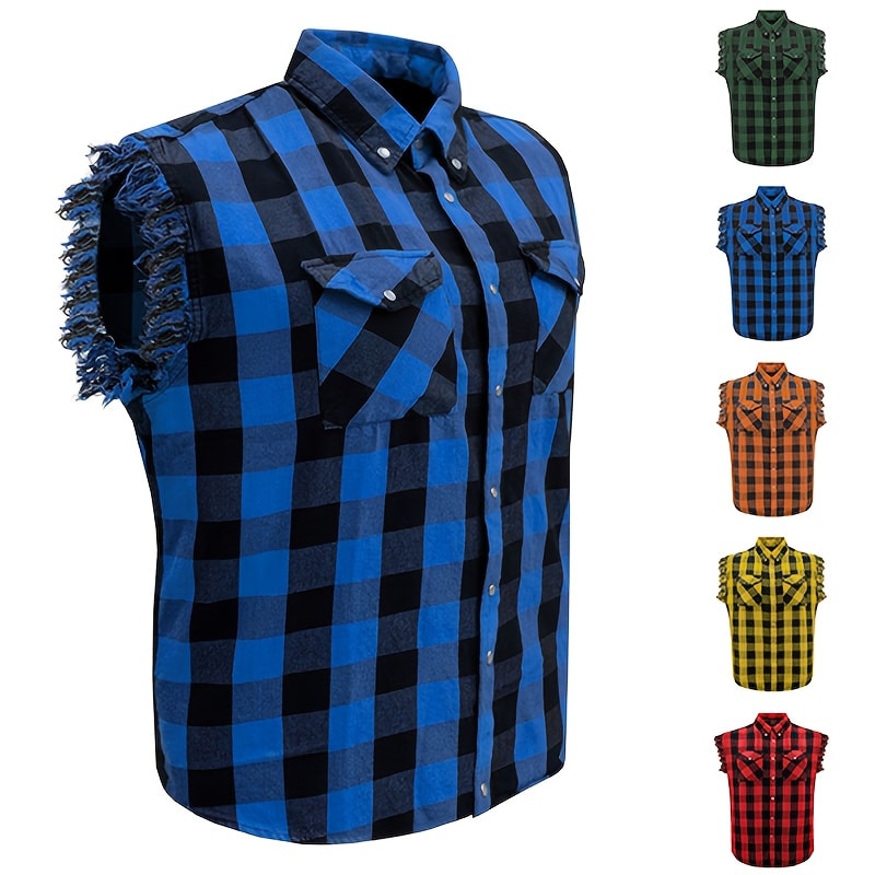 Men's Plaid Sleeveless Shirt with Fringe Hem, Checkered Cotton Button-Up Vest Top, Crew Neck Regular Fit for Streetwear Beach Vacation