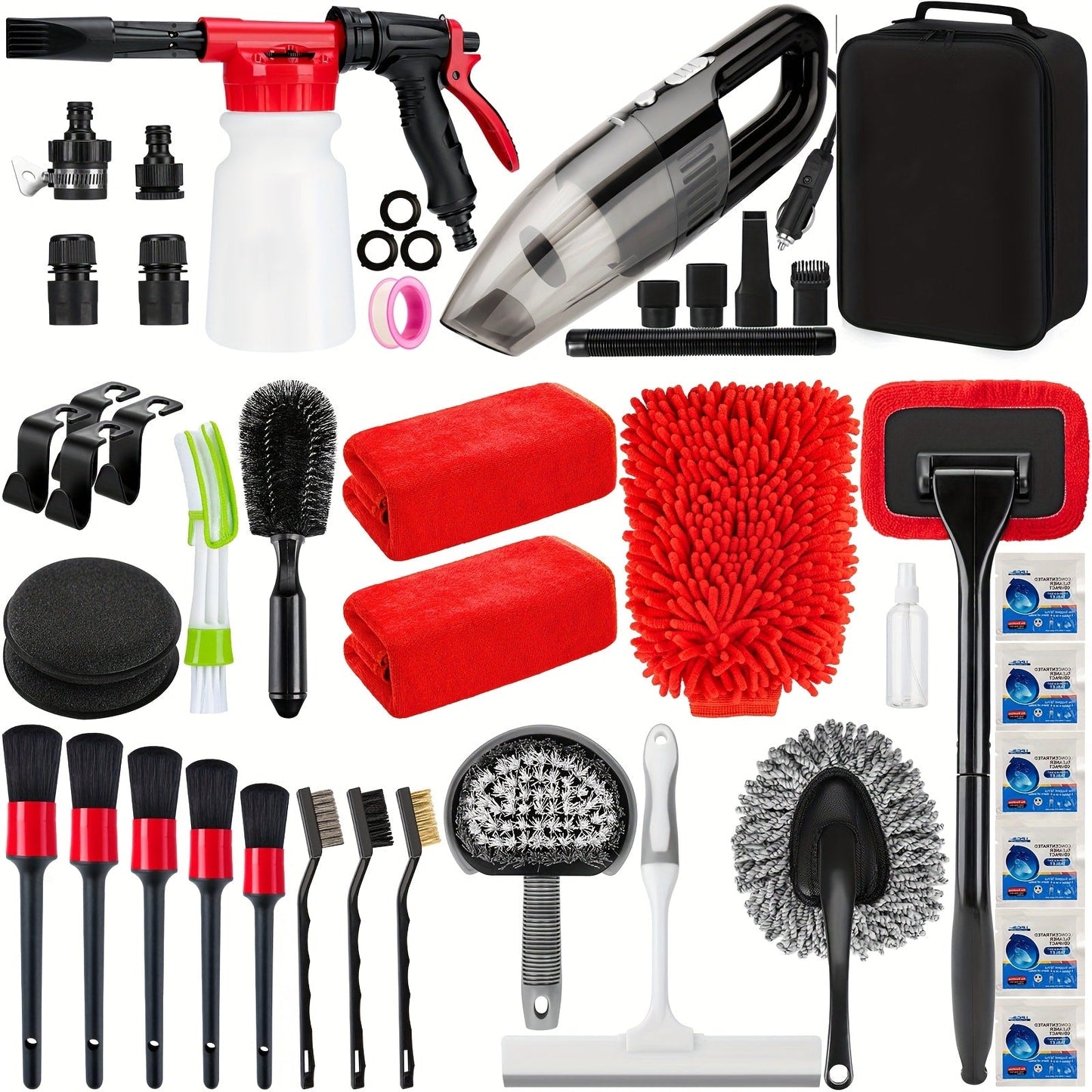26/42-Piece Complete Car Wash & Detailing Kit – Foam Spray Gun, Portable Vacuum, Windshield Cleaner, Tire Brush