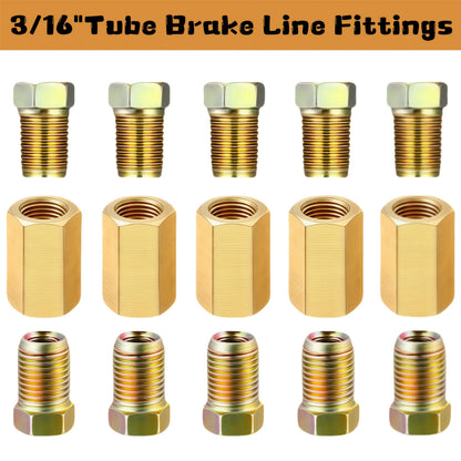 Brake Line Fittings Assortment Kit – 3/16", 1/4", 5/16" & 3/8" Tube Sizes, Inverted Flare Union Connectors, Multiple Thread Sizes