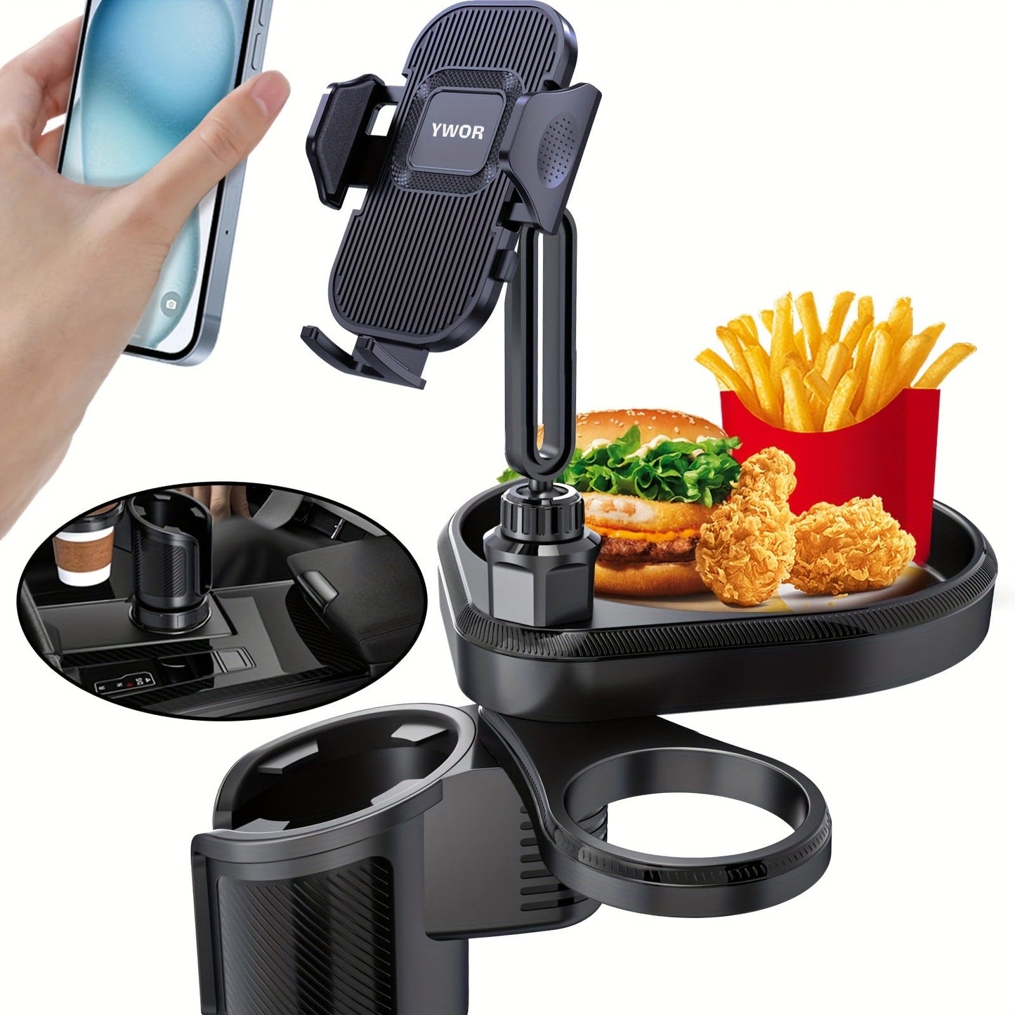 Car Cup Holder Expander with 7.7 Inch Tray, 2.7 Inch Drink Ring, Phone Mount and 58-86 mm Adjustable Base
