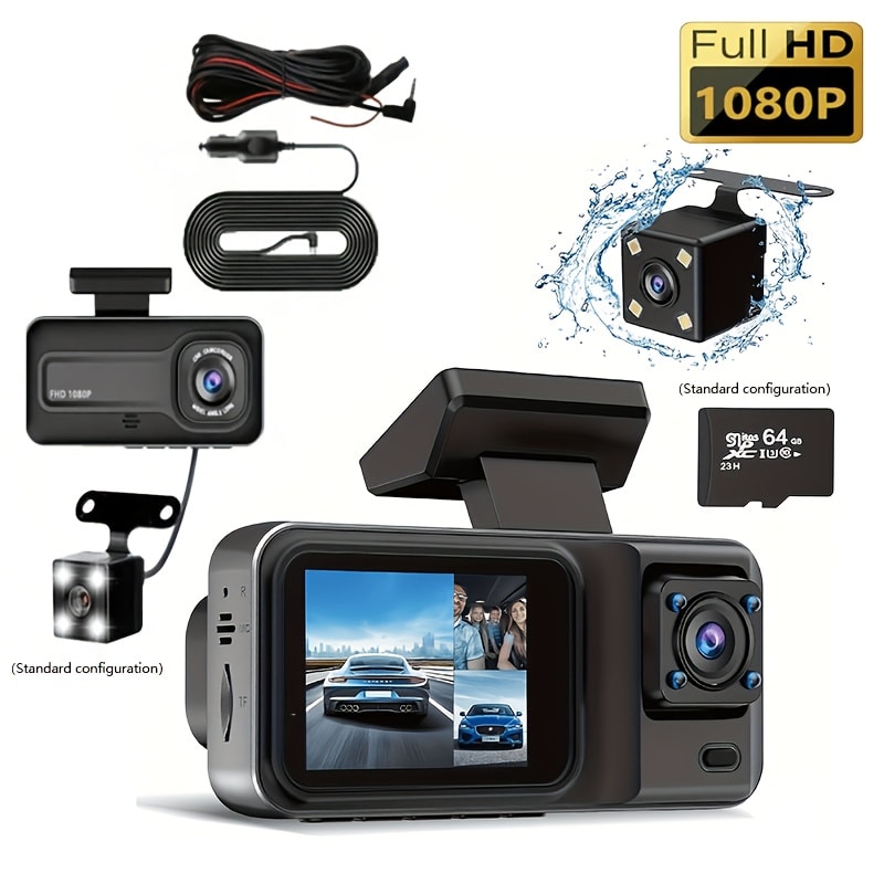 Three-Channel Dash Camera Kit with Front, Cabin and Rear Cameras plus Pictured 64 GB Card Pictured
