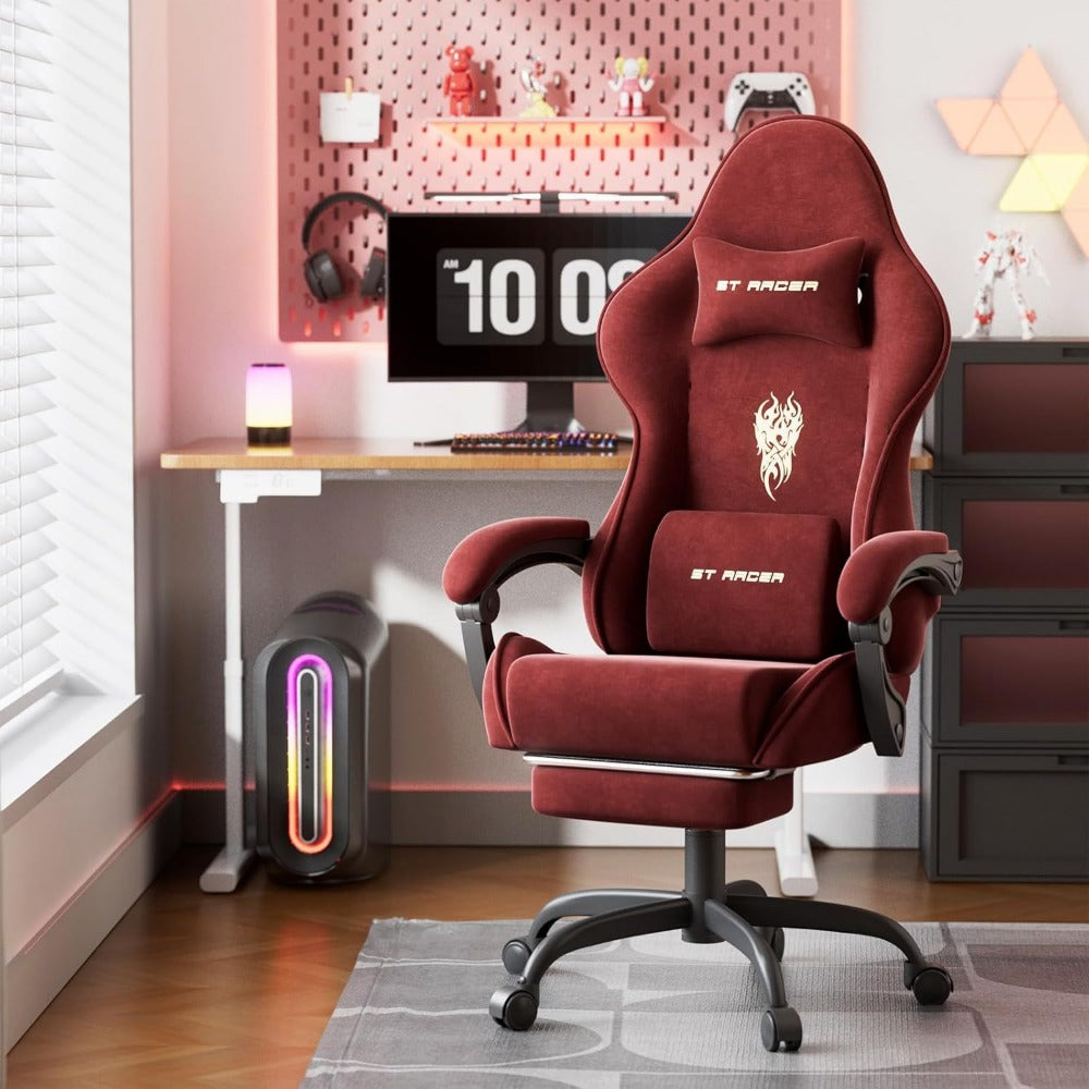 Gaming Chair, Velvet with Footrest & Massage Lumbar Pillow - High Back Ergonomic Recliner shown in the main product view