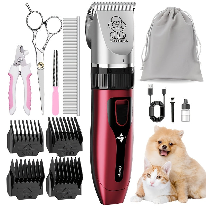 Pet Hair Clipper Kit, KALHELA USB-Rechargeable Trimmer with Ceramic Blade and Eight Color or Accessory Options