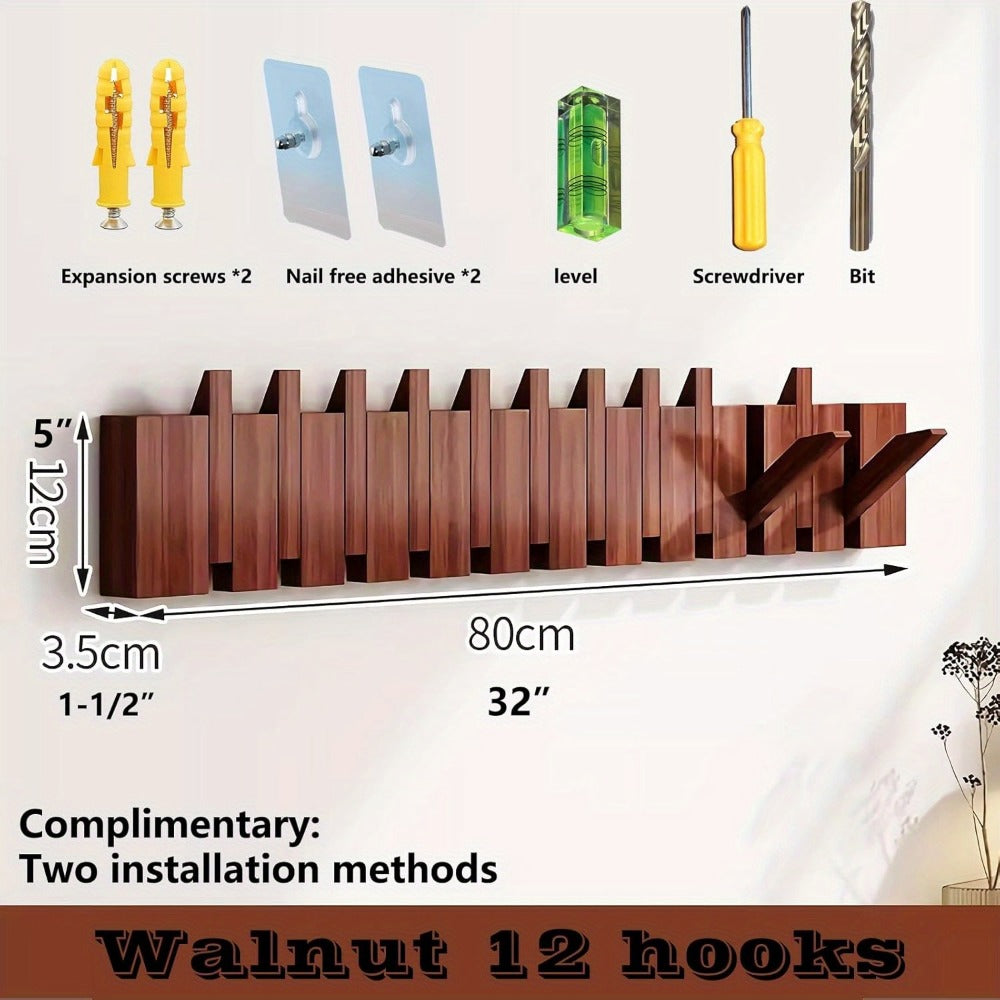 Coat Rack, Wall Mounted Walnut Piano-Key Rail Fold-Down Hooks in Five Sizes for Entryway Storage
