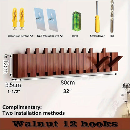 Coat Rack, Wall Mounted Walnut Piano-Key Rail Fold-Down Hooks in Five Sizes for Entryway Storage