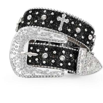 Western Belt - Rhinestone Studded Unisex Punk Carved Buckle PU Leather Hip-Hop Waist - product detail view 5