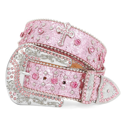 Western Belt - Rhinestone Studded Unisex Punk Carved Buckle PU Leather Hip-Hop Waist - product detail view 32