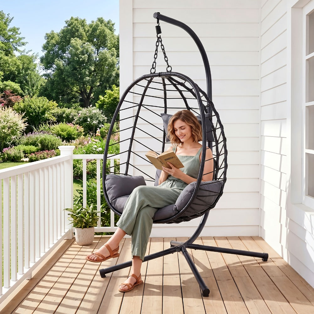 Egg Swing Chair, Rattan with Stand - Wicker Hanging Egg Chair with Cushion & Headrest shown in the main product view