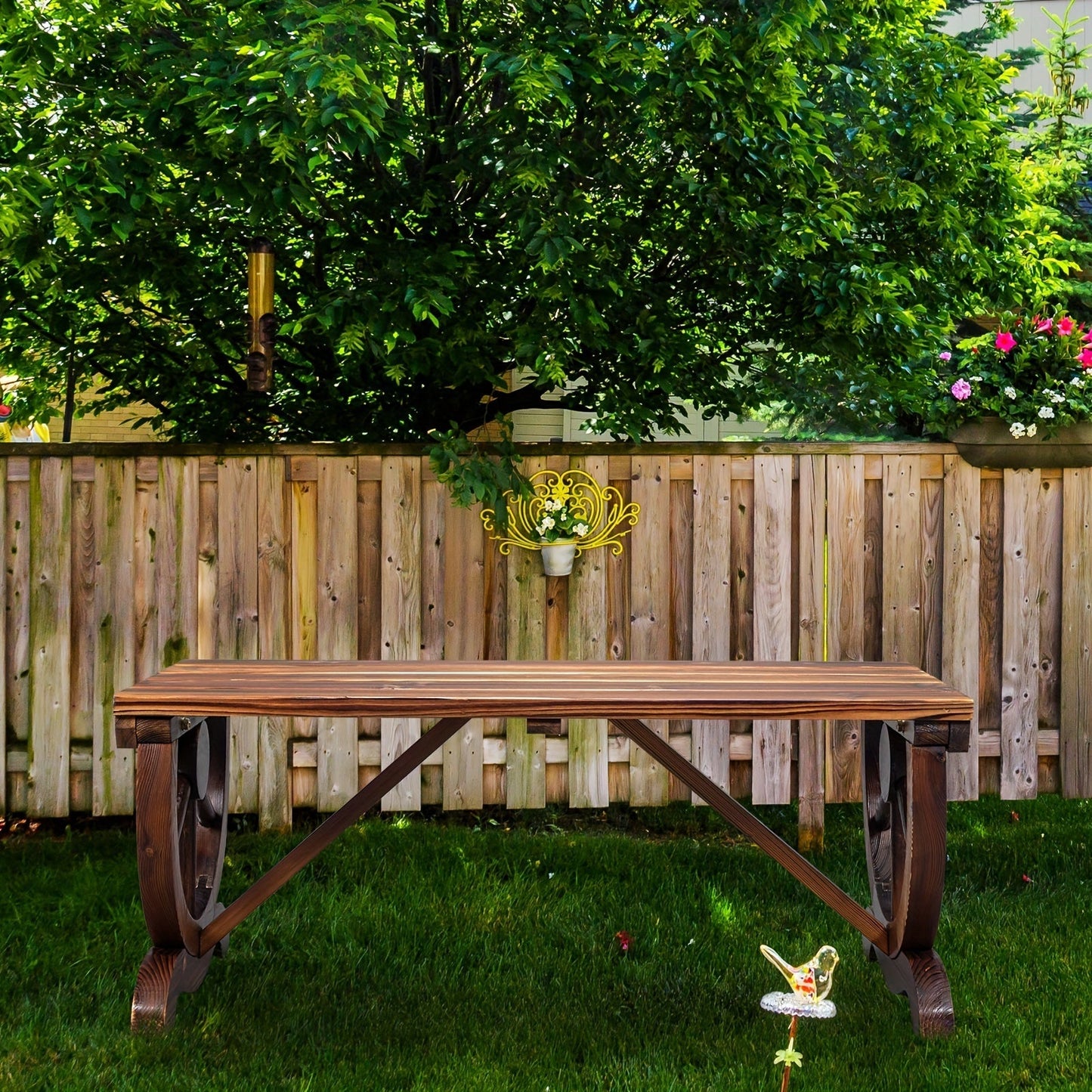 Garden Bench, Outdoor 2 Person Rustic Hardwood Wagon Wheel Design Heavy Duty Wide Seat shown in the main product view