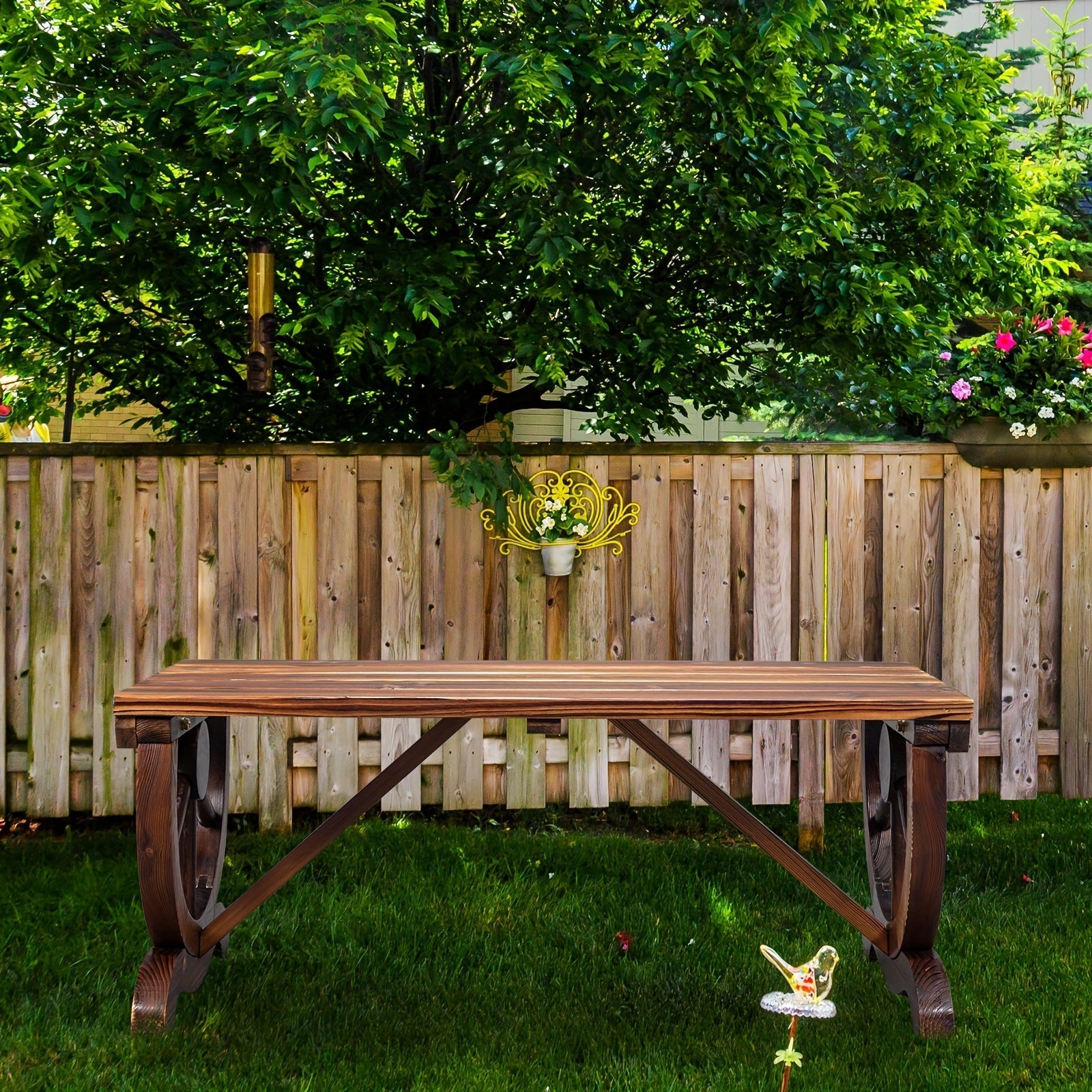 Garden Bench, Outdoor 2 Person Rustic Hardwood Wagon Wheel Design Heavy Duty Wide Seat shown in the main product view