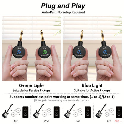 Wireless Guitar System 2.4GHz Wireless Guitar Transmitter Receiver Rechargeable Audio Wireless Transmitter 2 Modes, Rechargeable Li-Battery, 100ft Range, 10H, Plug & Play for Electric Guitar, Bass, Violin, Keyboard detail image - detail vie
