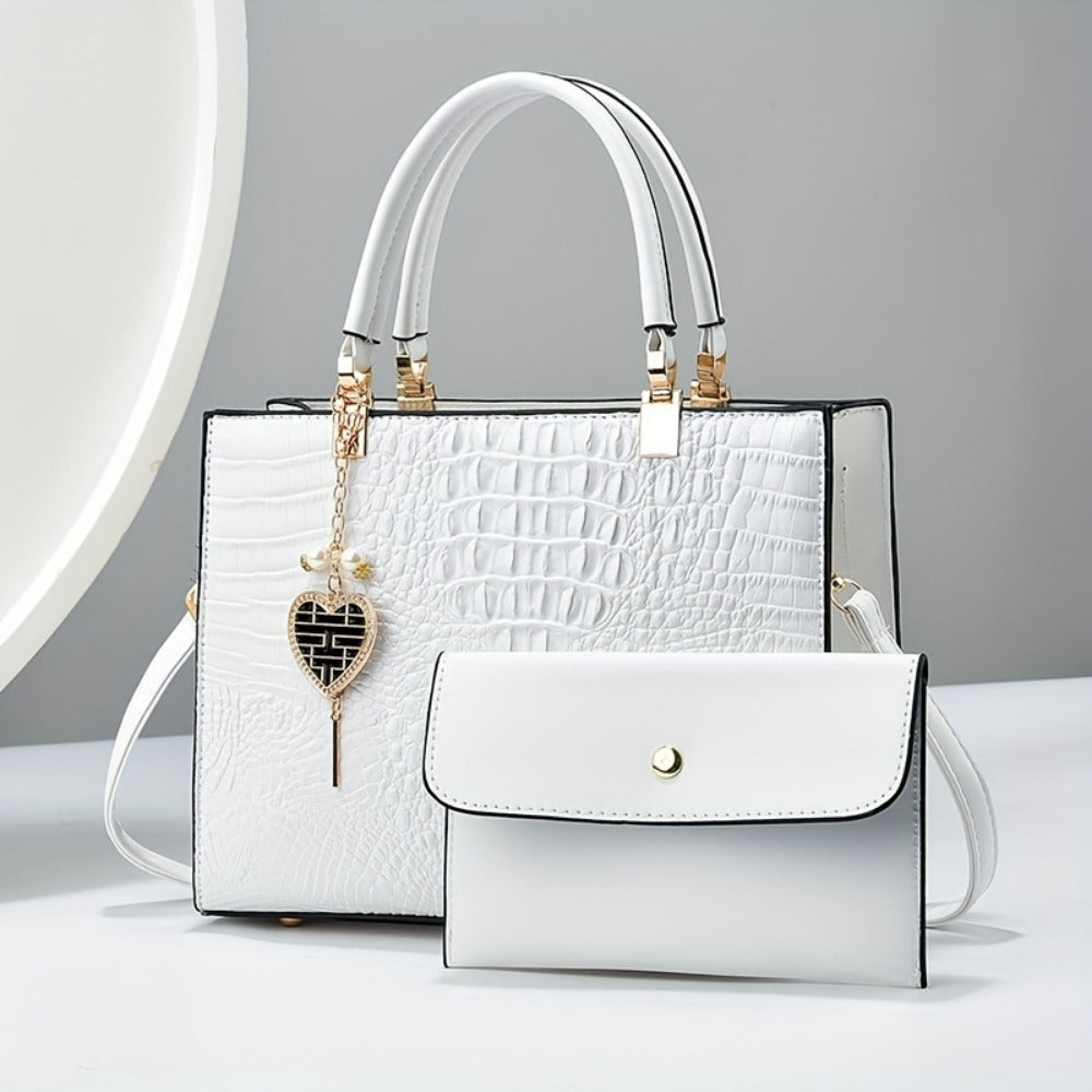 Crossbody Bag for Women – Convertible, Croc Print Heart Charm Top – detail view 7