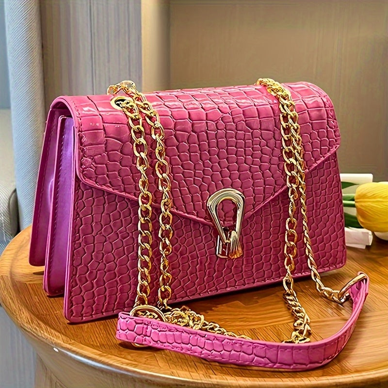 Crossbody Bag for Women – Croc Embossed Chain Glossy Faux – front view - product view 10