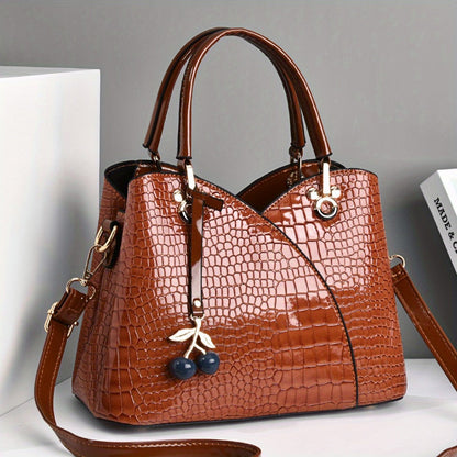 Crossbody Bag for Women – Faux Crocodile Texture Cherry Pendant – detail view 6
