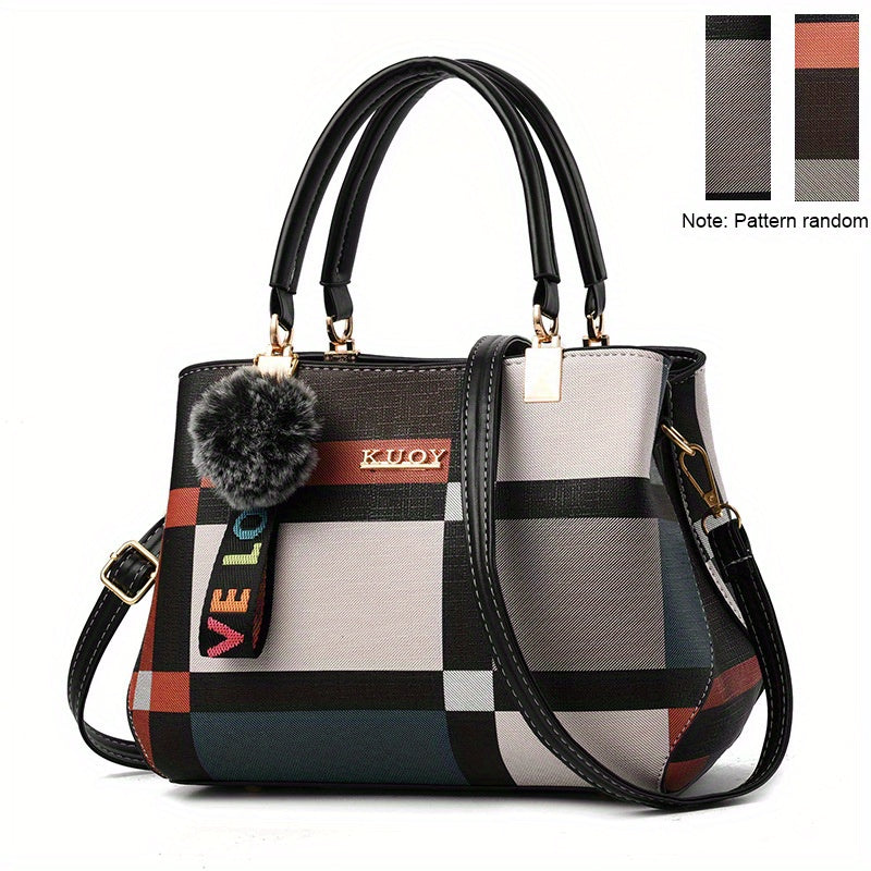 Crossbody Bag for Women – for Work & Everyday Use, Plaid Colorblock Satchel Plush Ball – detail view 10