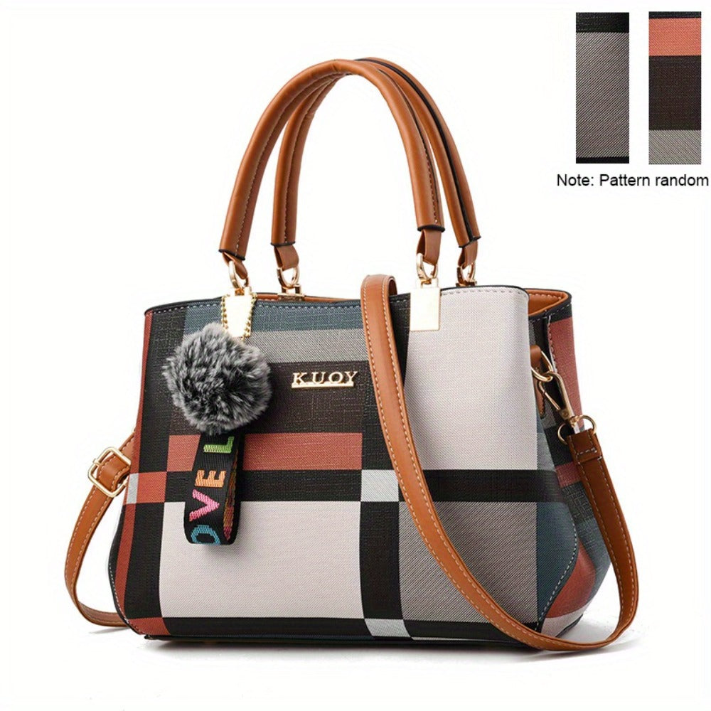 Crossbody Bag for Women – for Work & Everyday Use, Plaid Colorblock Satchel Plush Ball – detail view 4