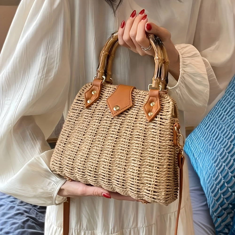 Crossbody Bag for Women – Straw, Woven Straw Bamboo Handle Brown – front view