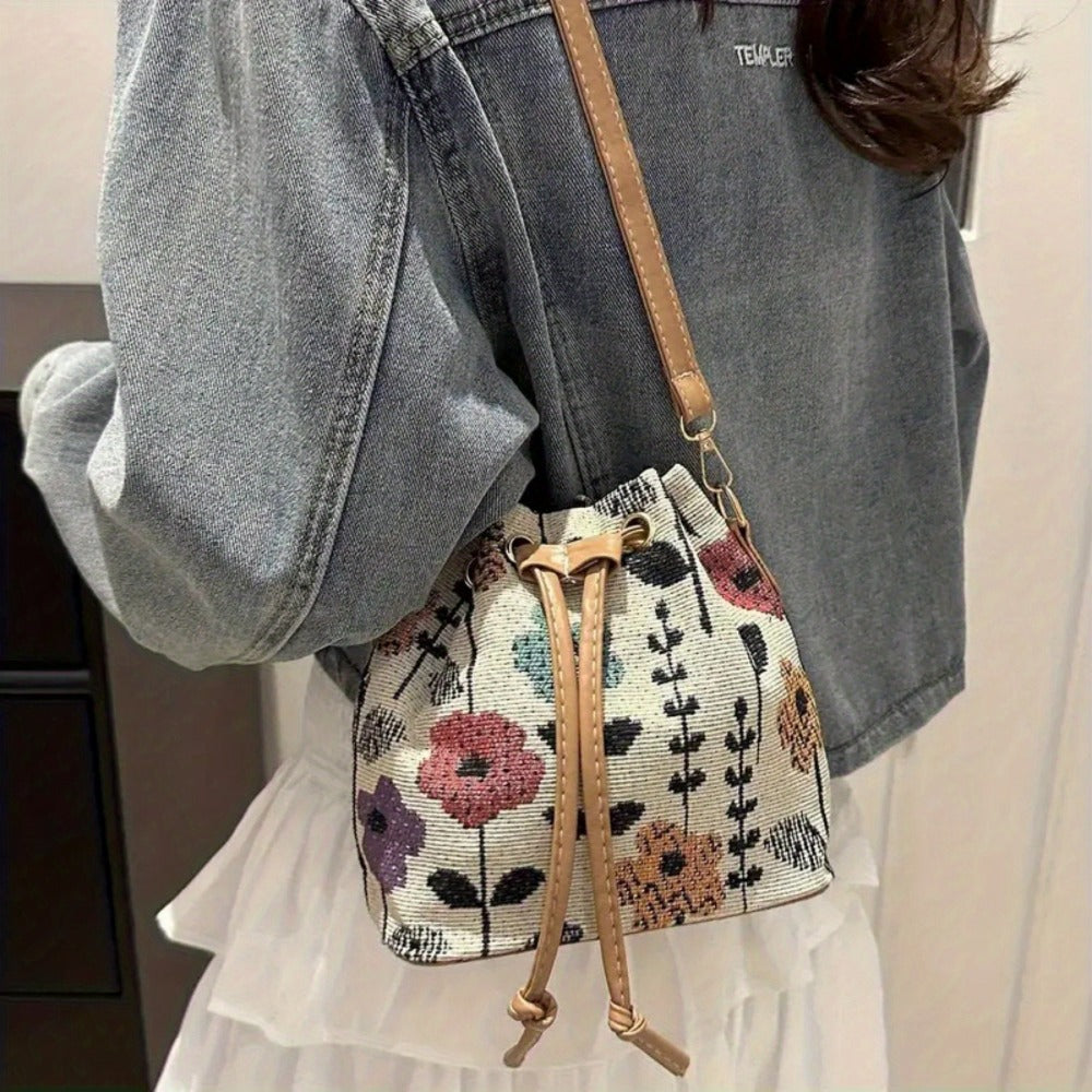 Crossbody Bag for Women – for Travel & Work, Floral Bucket Ethnic Drawstring Boho – detail view 5