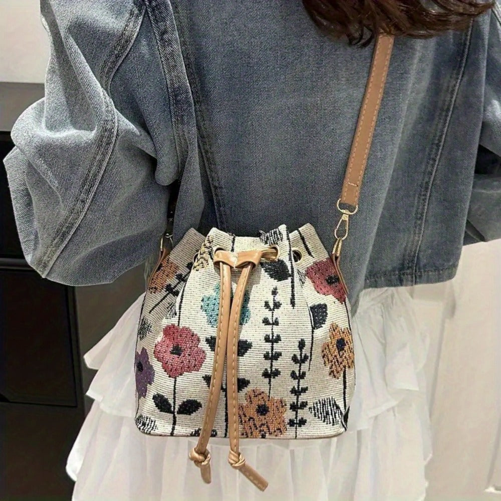 Crossbody Bag for Women – for Travel & Work, Floral Bucket Ethnic Drawstring Boho – detail view 9