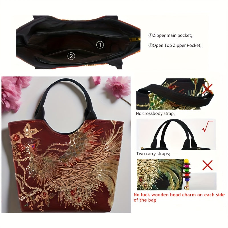 Shoulder Bag for Women – Multi-Pocket, Peacock Embroidery Sequin Ethnic Boho – detail view 15