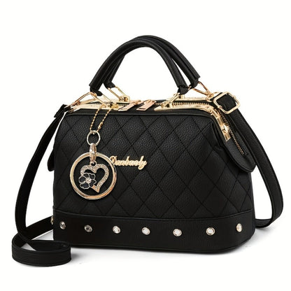 Shoulder Bag for Women – Quilted, Quilted Boston Rhinestone Heart Ornament – front view