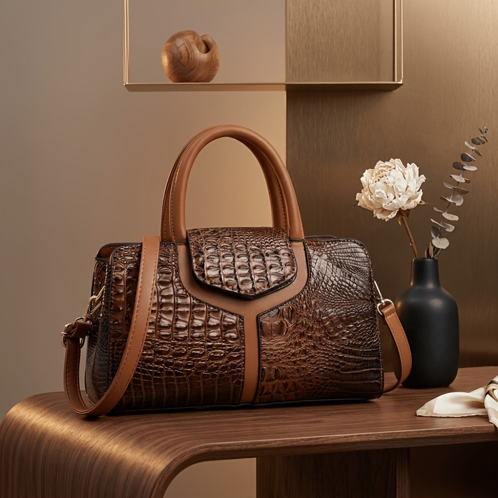 Shoulder Bag for Women – Vegan Leather, Crocodile Embossed Satchel Vegan Leather – front view