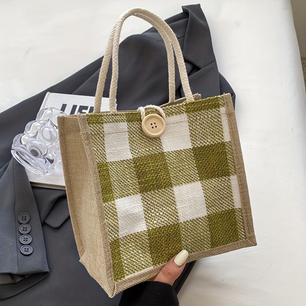 Tote Bag for Women – for Everyday Use, Plaid Jute Vintage Woven Gift – detail view 7