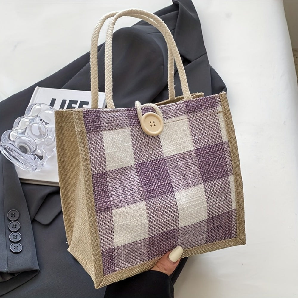 Tote Bag for Women – for Everyday Use, Plaid Jute Vintage Woven Gift – detail view 8