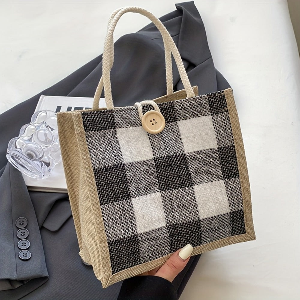 Tote Bag for Women – for Everyday Use, Plaid Jute Vintage Woven Gift – detail view 11