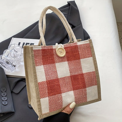Tote Bag for Women – for Everyday Use, Plaid Jute Vintage Woven Gift – detail view 13